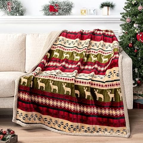 PAVILIA Premium Christmas Blanket Sherpa Fleece Throw| Plush Christmas Decoration, Reindeer, Cozy Reversible Winter Holiday Cabin Blanket for Sofa Couch 50x60 Cover