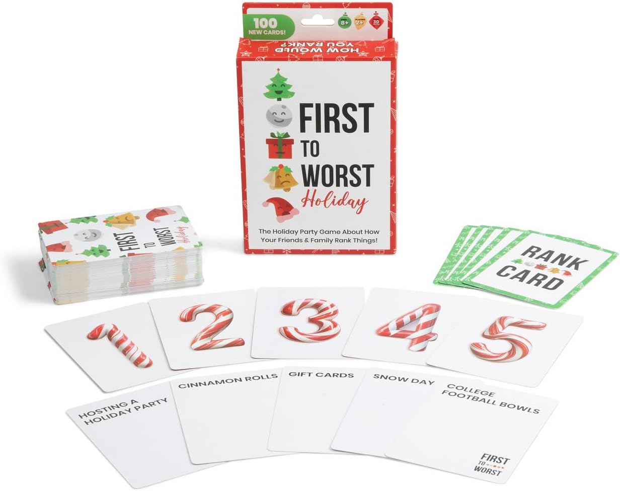 First to Worst Holiday Party Game Travel Edition - A Festive Card Game About How Your Friends & Family Rank Things for White Elephant Parties, Stocking Stuffers & Board Games Groups