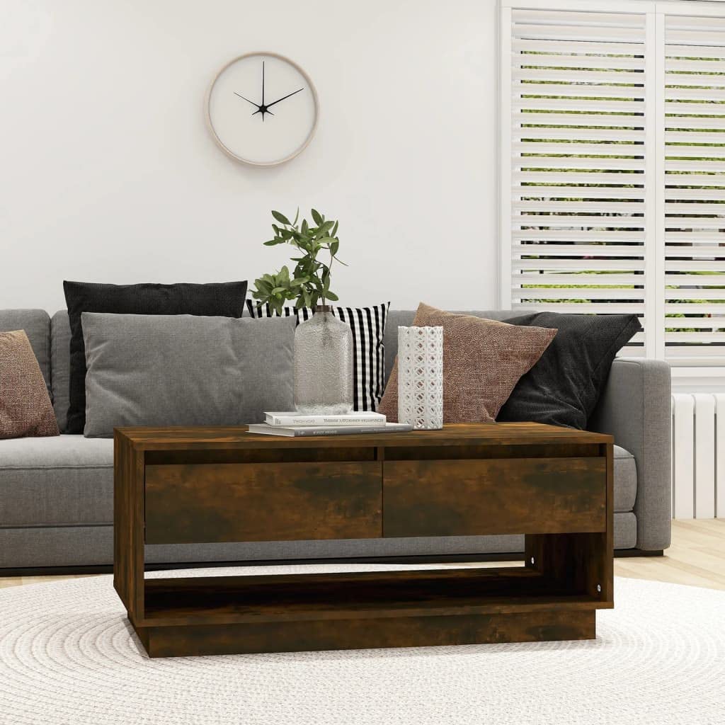 Table basse en chêne fumé 102,5x55x44 cm avec tiroirs de rangement pour le salon