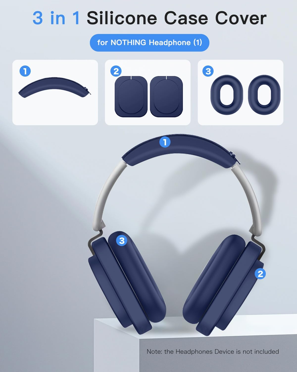 3-in-1 Silicone Case Cover for Nothing Headphone(1), Ear Pad Case Cover/Ear Cups Cover/Headband Cover,Nothing Headphone (1) Accessories, Washable & Sweatproof,Blue - Image 2
