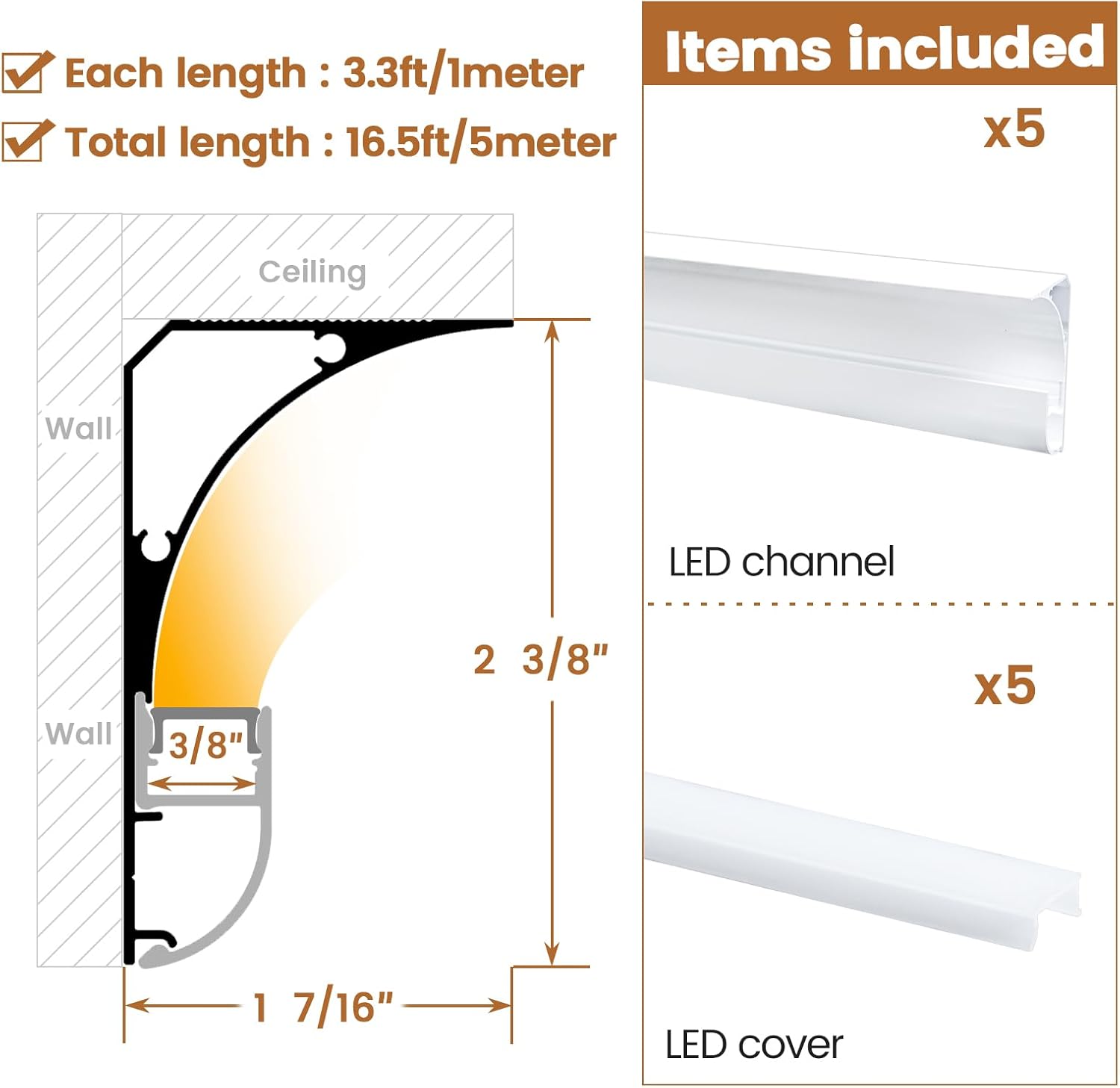 muzata 5pack 3.3ft/1m led channel aluminum spotless led diffuser channel crown moulding trim with milky white cover drywall ceiling lighting u131 ww 1m ceiling lighting 3.3ft