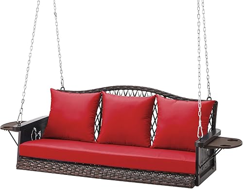 Miniatura 11 de Columpio colgante de mimbre mejorado para porche, resistente de 900 libras, 3 asientos, para patio, para adultos, con cadenas colgantes de 8.9 pies,