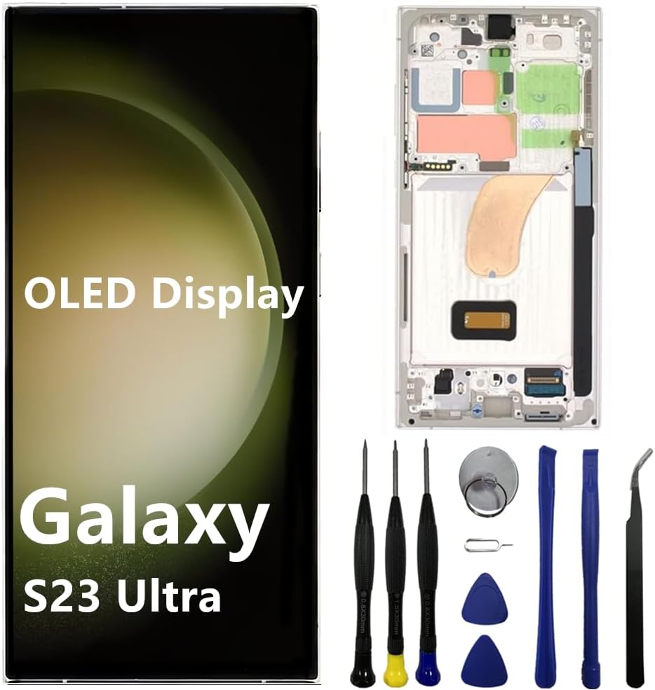 OLED for Samsung Galaxy S23 Ultra Screen Replacement S23ultra 5G S918U S918B/DS S918U1 S918W S918E LCD Display Touch Screen Digitizer Assembly Support Fingerprint and S-Pen (with White Frame+Tools)