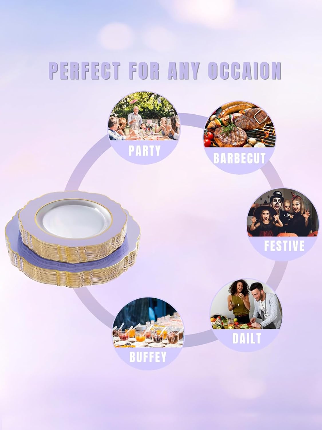 WDF 60pcs Clear Purple Plates Disposable with Gold Rim - Baroque Lavender Purple Plastic Plates for Party/Wedding/Spring Picnic/Easter