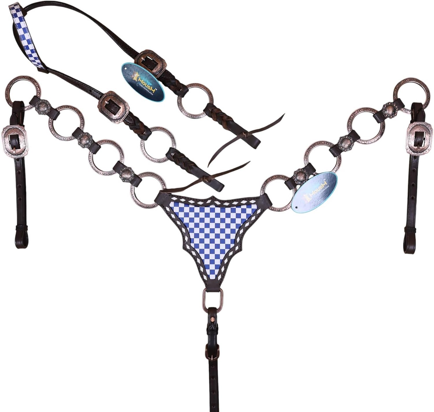 Western Leather Headstall and Breast Collar Tack Set, Royal Blue & White Finish Line Print with Braided Leather, Designed Rings, White Buck Stitching & Short Fringe, Full Average Size Horse