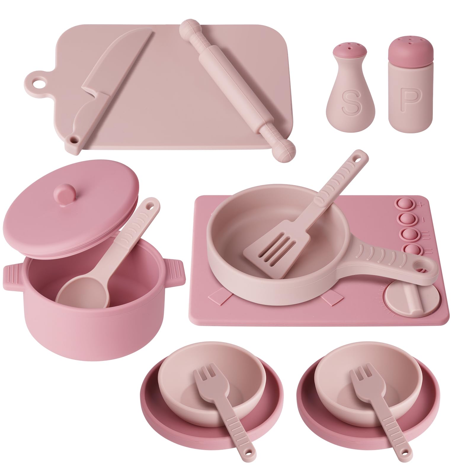 HOTUT Silicone Pretend Play Kitchen Accessories Set, 16pcs Cooking Cookware Pots and Pans Playset, Kids Kitchen Set, Educational Gift Toy for Kids Age 3-8