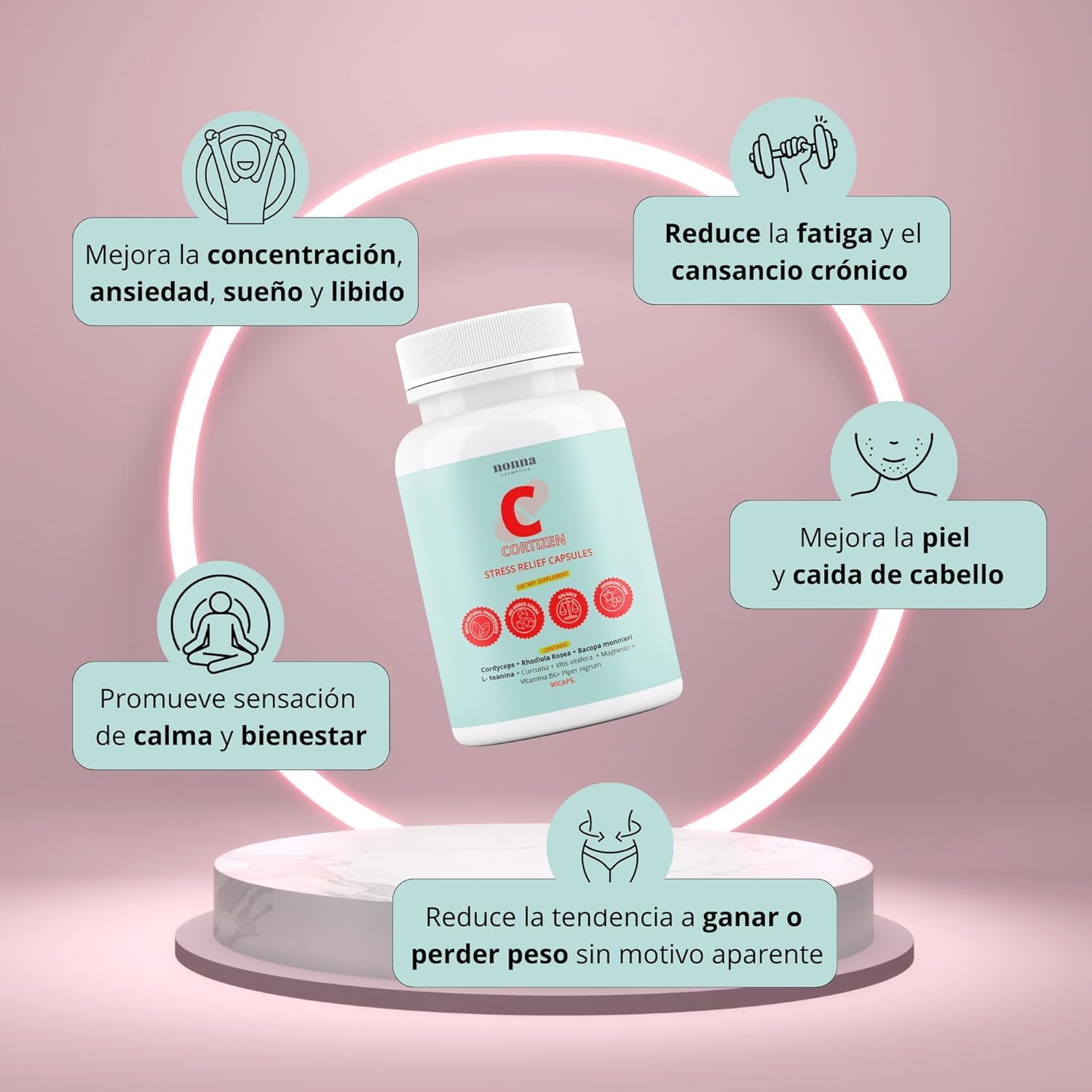 CORTIZEN – Suplemento Mujer Cordyceps capsulas + Rhodiola + Bacopa + Magnesio | Regulador Hormonal Natural, Equilibrio Emocional y Bienestar | Estrés y Cortisol | 90 Cápsulas | Nonna Cosmetics