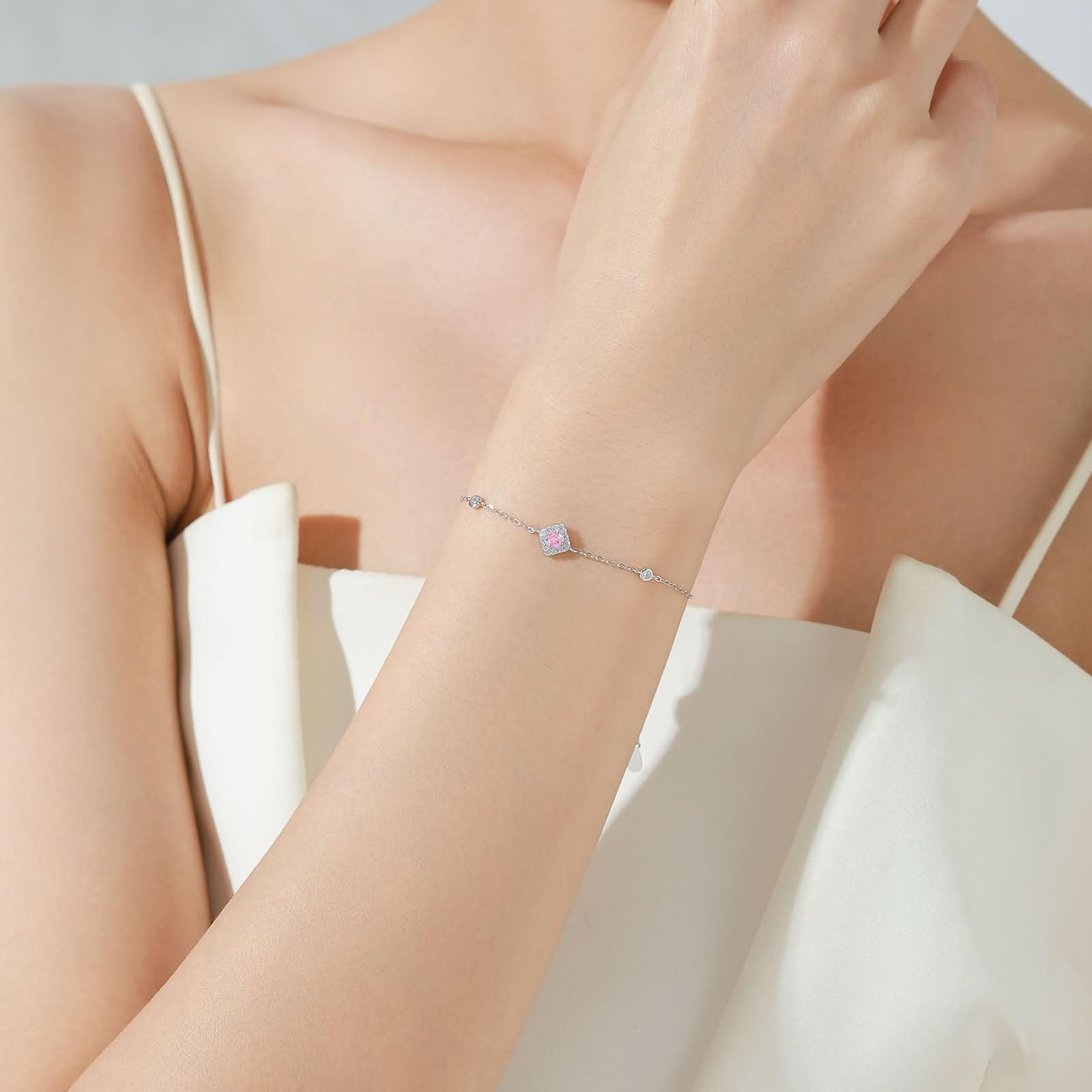 Pulsera Mujer de Oro Blanco de 9Kilates / 14Kilates / 18Kilates, Rombo y Redondo con Diamante Creado y Moissanita, Cadena Extensible 16 CM + 5 CM, Pulseras Ajustable Mujer Plata Rosa