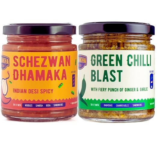 Pataakha Schezwan Dhamaka Green Chilli Blast Combo|Red & Green Chilli|Chilli Garlic & Chilli Ginger Garlic Chutney| No artificial Colours, Preservatives|Maggi,Chinese,Parathas,Roti,Indian| Pack of 2