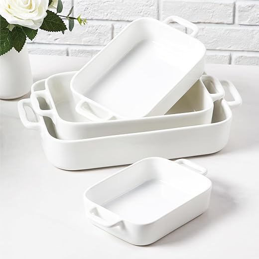 ONEMORE Casserole Dishes for Oven,9.5x15.4 Baking Dishes Set of 4,Ceramic Bakeware Sets with Handles for Cooking, Baking,Serving, Wedding and Gifting, Baking Pan White , Microwave & Dishwasher Safe(7.5"/11.2"/13.4"/15.4")