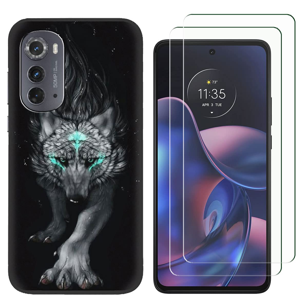Tonvizern for Motorola Moto Edge 2022 Case with 2 Tempered Glass Screen Protectors, Wolf Pattern Design, Slim Shockproof Protective Soft Silicone Phone Case Cover for Girls Women Boys (Wolf)