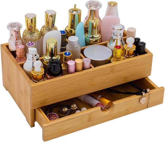 GOBAM Bamboo Makeup Organiser, Large - Countertop Display Storage Drawers for Makeup Brushes, Cosmetics & Perfume - Easy Assembly - Ideal for Dresser, Bedroom & Bathroom - Natural