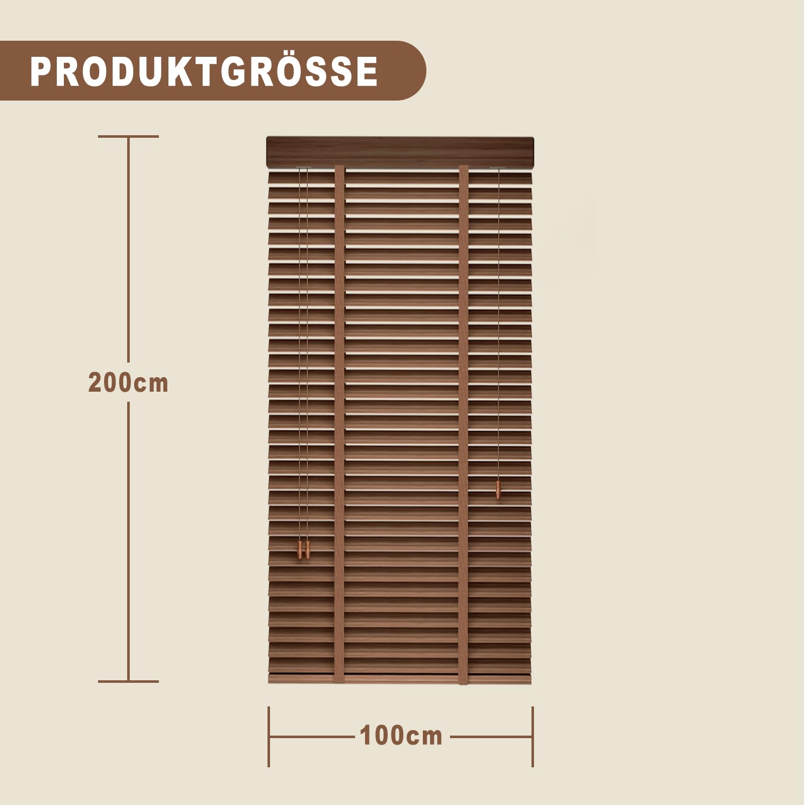 Holzjalousie Innen, Echtholz Jalousien, 50 mm Lamellen (Walnut, 100x200cm) | Massivholz Holzrollo die Sichtschutz, Blendschutz und Sonnenschutz, für Zuhause und Büro