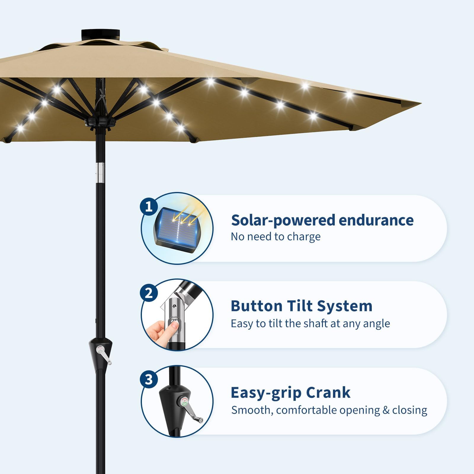 Solar-Sonnenschirm 305 cm, 32 LED-Leuchten solarbetrieben, UV-Schutz 50+, wasserabweisend, Kurbel, neigbar, 8 robuste Eisenrippen, Marktschirm für Terrasse, Pool, Garten, Bräunen