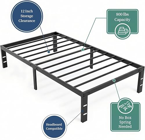 Miniatura 10 de Marco de cama de tamaño individual, marcos de cama de plataforma de metal de 14 pulgadas con soporte de listones de acero resistente, no necesita