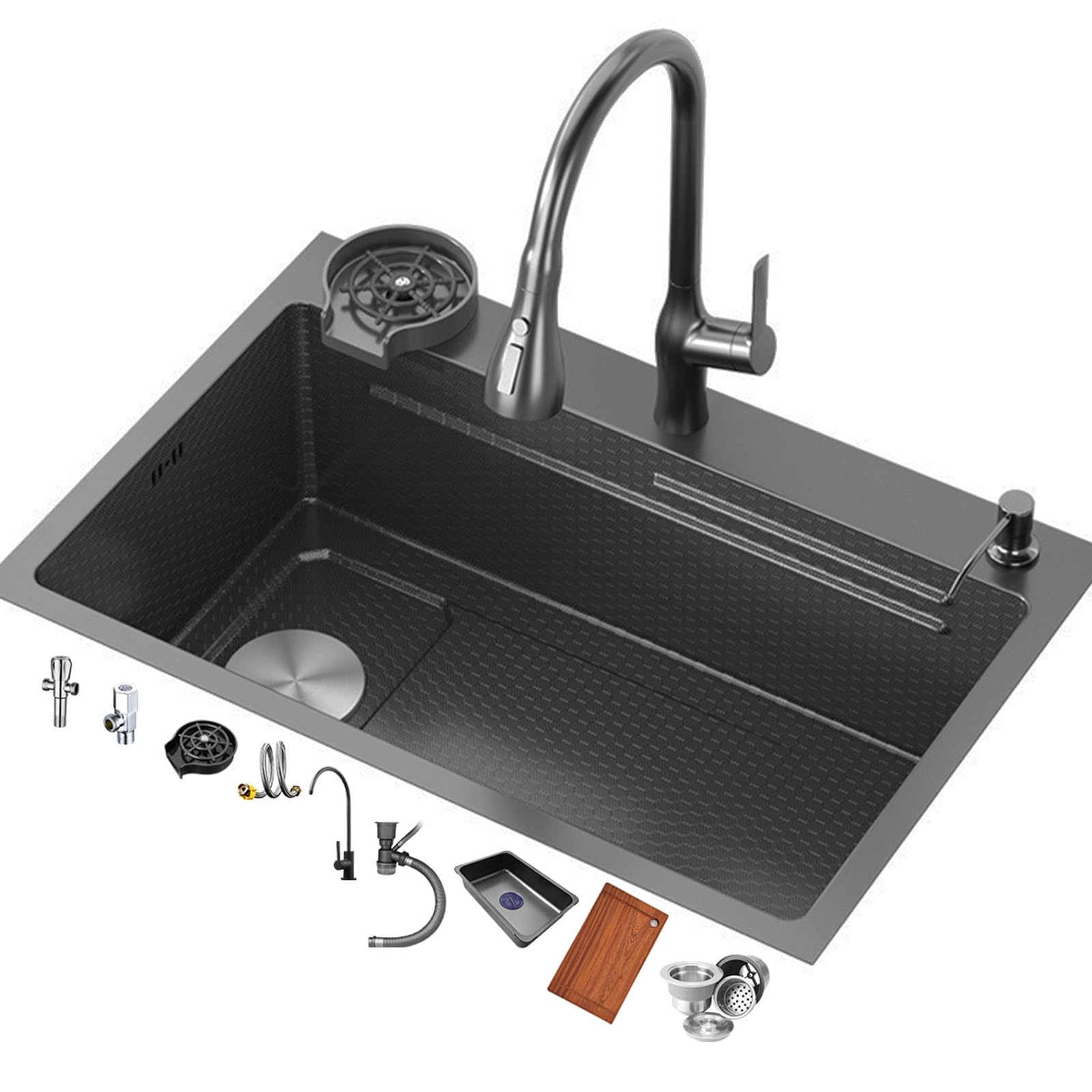 Fregadero de cocina de un solo tazón negro de acero inoxidable 304 con grifo extraíble, drenaje lateral izquierdo, kit completo de instalación incluido (60 x 45 x 22 cm)