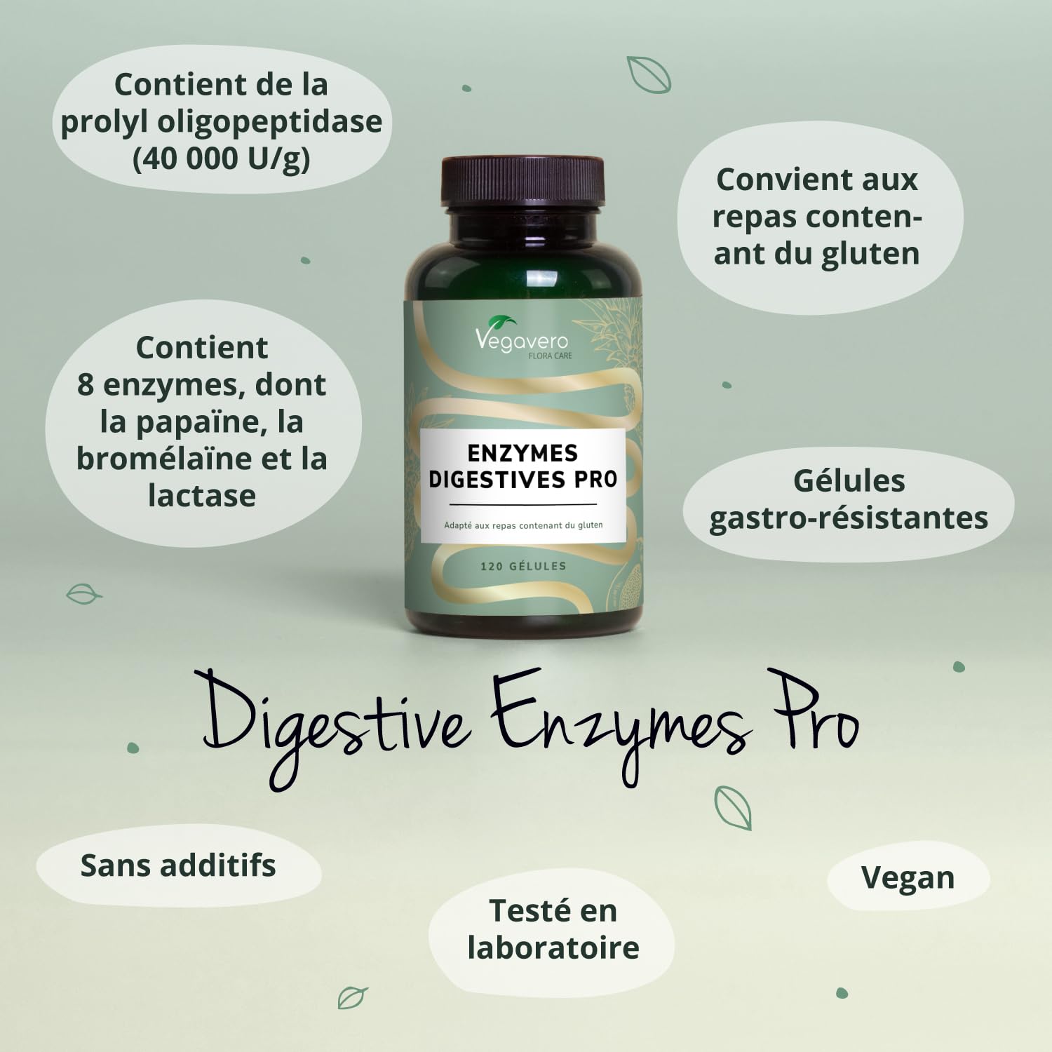 Enzymes Digestives Complexe PRO | Unique : Avec Enzyme Pour le Gluten | Lactase, Bromeline, Lipase, Amylase… | 120 Gélules Gastro-résistantes | Testé en Laboratoire & Sans Additifs | Vegavero®