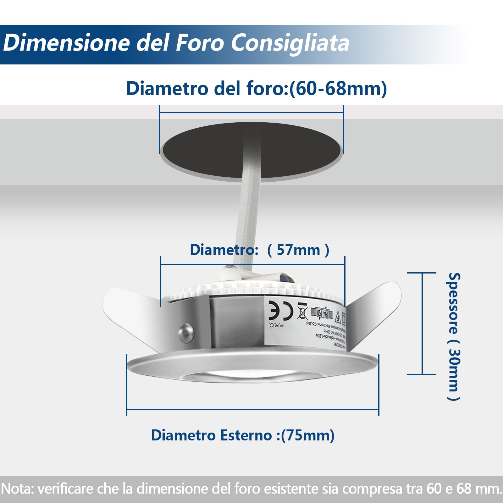 HiBay Faretti Led da Incasso per Cartongesso 7W Ultrasottili Faretti Led Soffitto Incasso 850LM Bianco Neutro 220V Inox IP44,Foro Ø60mm-65mm per Bagno Cucina,Esterno Set di 10