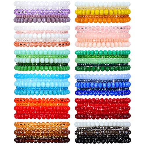 Junkin 60 Pcs Crystal Beaded Bracelets Bulk for Women Bohemian Multi Layer Stacking Statement Stretchy Strand Crystal Bead Bracelets Versatile Slip on Shiny