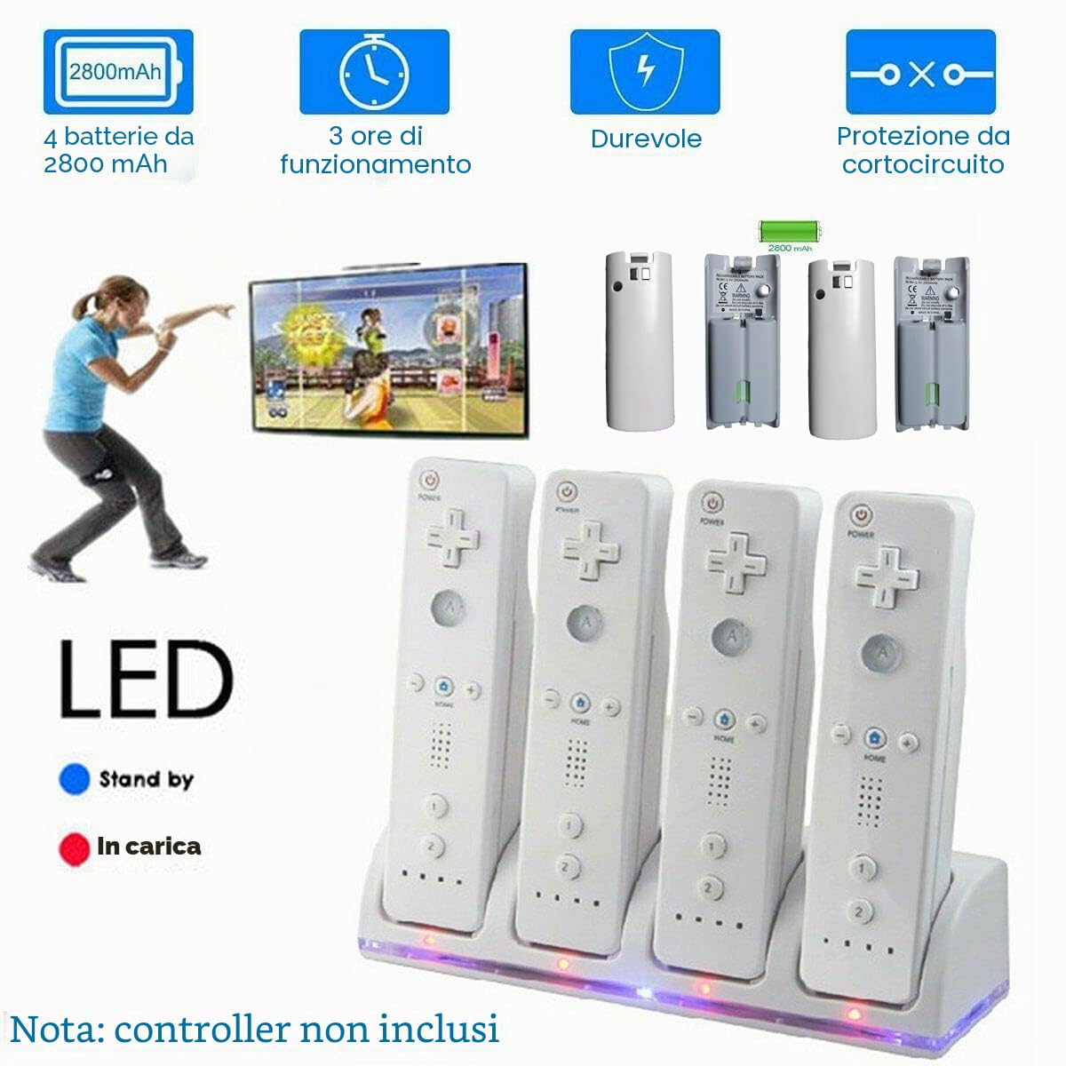 Stazione di Ricarica per Controller WII 4 in 1, Stazione Di Ricarica con 4 Batterie Ricaricabili Da 2800 Mah e Indicatori LED per Il Controller Wii（Bianco）