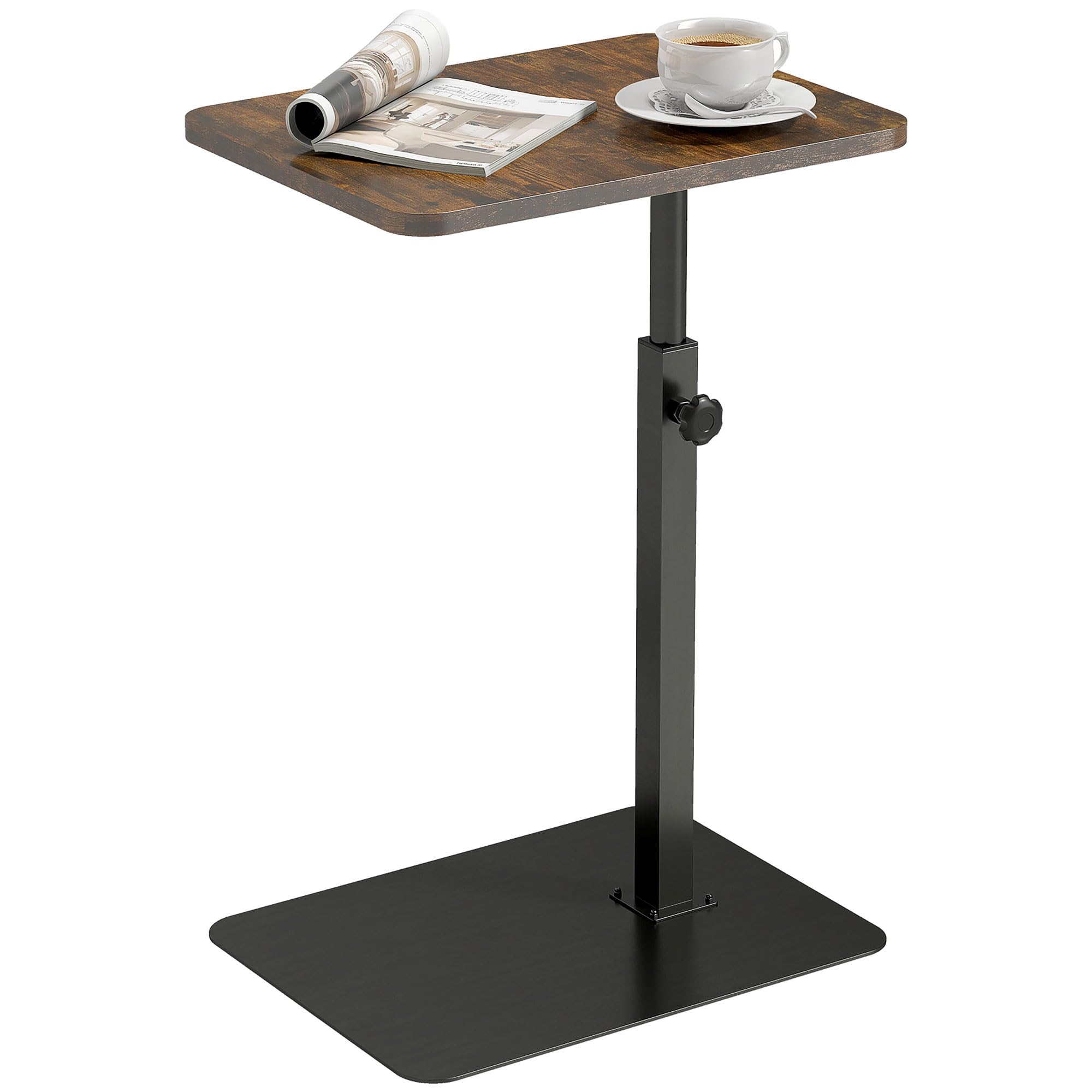HOMCOM C Shaped Side Table with Adjustable Height Metal Base Rustic Brown