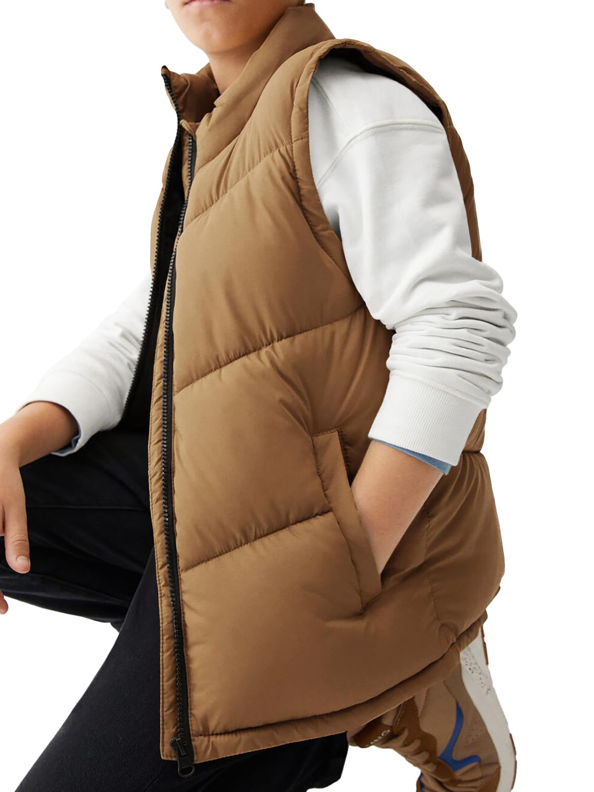 Meikulo Chaleco acolchado sin mangas con cremallera para niños | Ropa exterior con cuello alto para niños con bolsillos