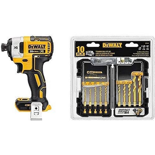 DEWALT DCF887B 20V MAX XR Li-Ion Brushless 0.25" 3-Speed Impact Driver with DEWALT Titanium Drill Bit Set, 10-Piece Impact Ready (DD5160)