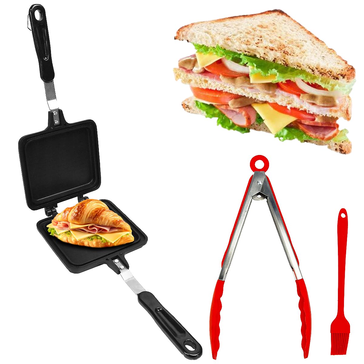 Pfanne Sandwich Maker Doppelseitig Bratpfanne Toastpfanne mit Hitzebeständigem Griff 35 x 15cm Camping toaster Sandwichmaker Tortillas Bratpfanne Panini Maker Pan für Frühstück Camping Outdoor