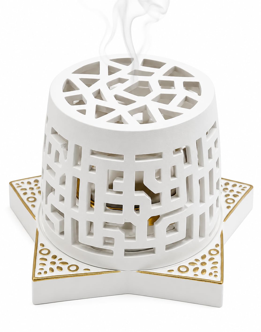 Jrose Collections White Oriental Resin Bakhoor Burner With Star Base – 7X10cm Non-Electric Oudh Incense Holder For Charcoal & Bakhoor – Decorative Arabic-Style Design – Home & Meditation Use (White)