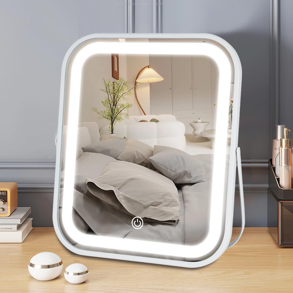 Leadzones Lighted Vanity Mirror, Makeup Mirror with Lights, Dimmable Touch Screen, Portable Travel Mirror, Cosmetic Mirror with Lights for Makeup Desk ＆ Dressing Room