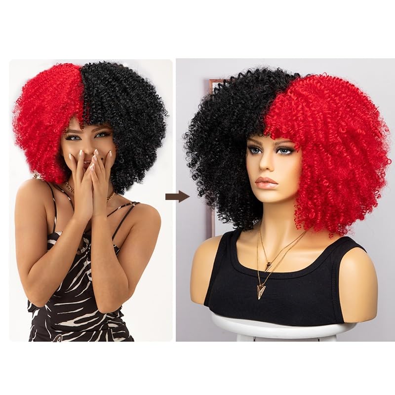 Fashion Afro Curly Wig Synthetic Short Full Wig Women Wig For Halloween Party Christmas Costume Wig (Black Red)