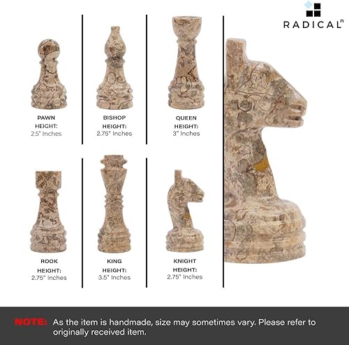 Miniatura 6 de Radicaln Marble Chess Set 15" Inches Handmade Black and Fossil Coral Classic Strategy Board Game for Family, Ideal Marble Chess Board & Pieces for