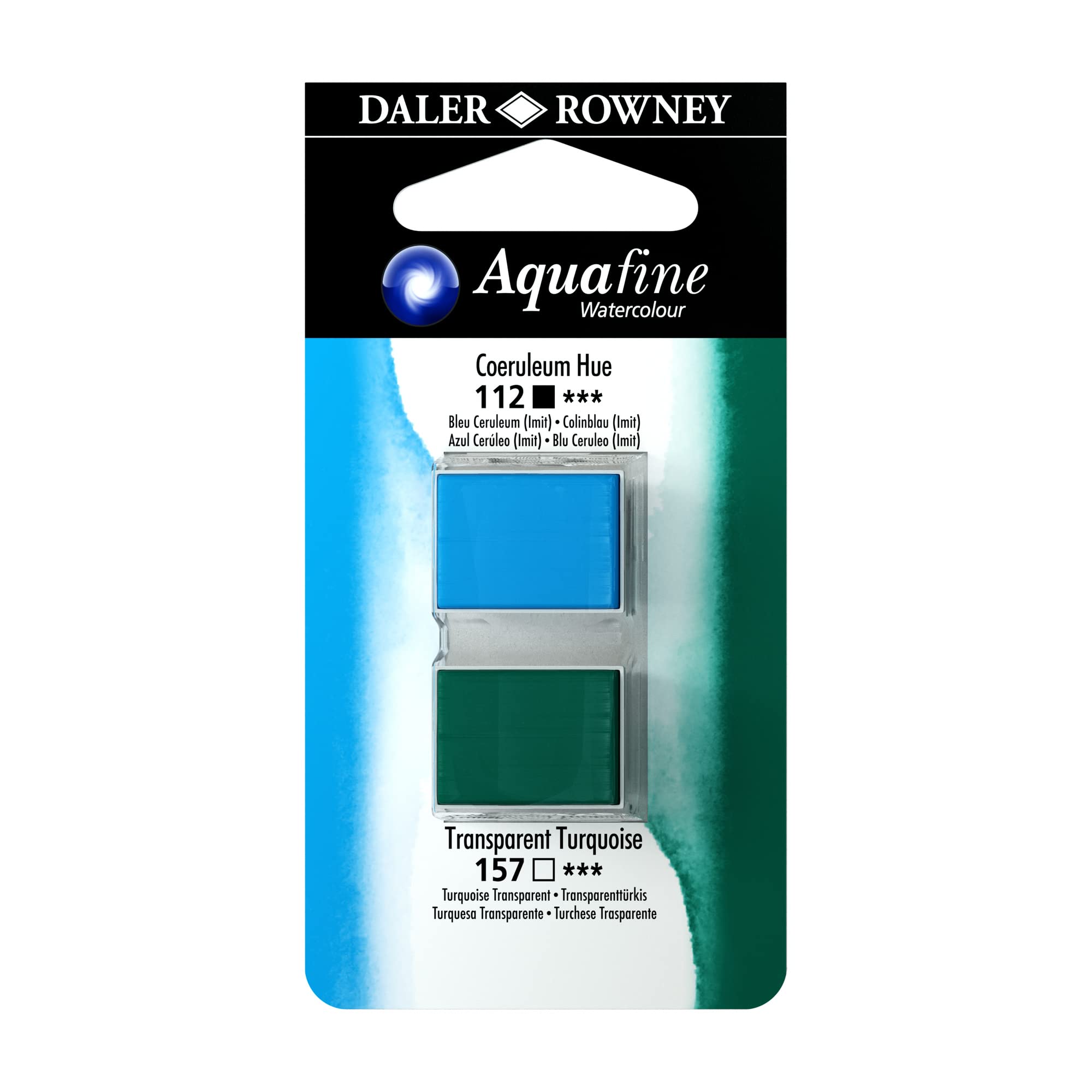 Daler-Rowney Aquafine Watercolour Paint, Blister Pack, Half Pan - Half Pan, Coeruleum Blue Hue and Transparent Turquoise, 2 Pack