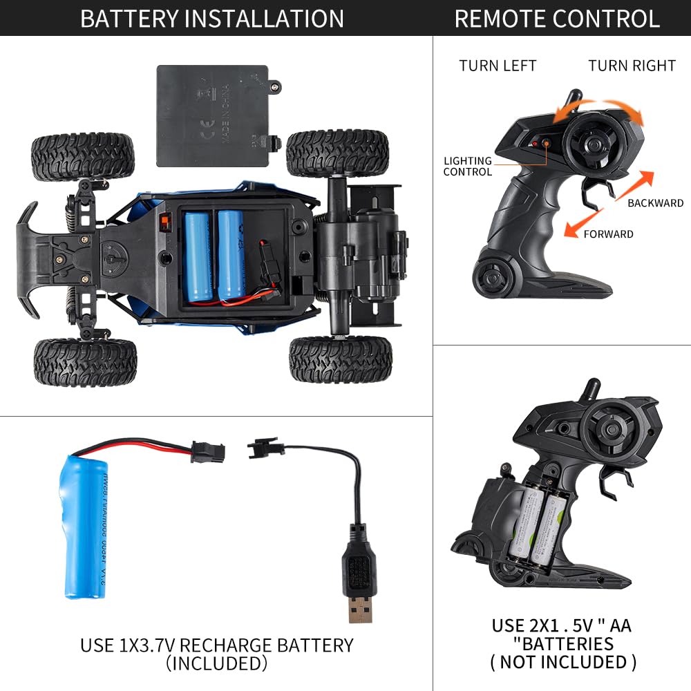 Voiture télécommandée RC Voitures 1:16 Tout-Terrain Monster Truck Phares à LED, Jouet de Voiture RC 20 km/h Cadeau pour Enfants Garçons 3 4 5-12