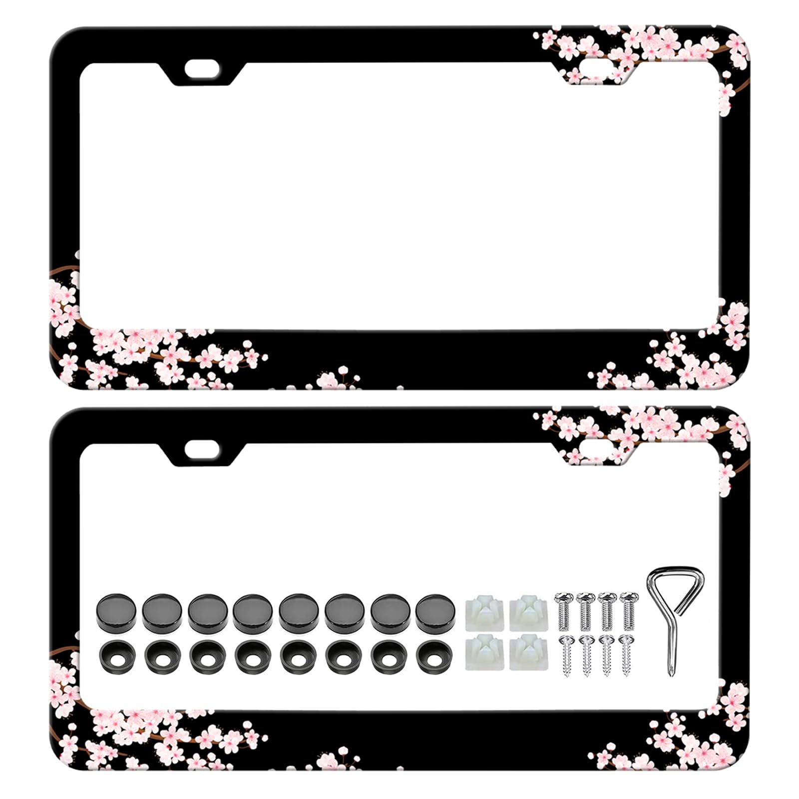 Photo 1 of ***MISSING PIECES*** Cherry Blossom License Plate Frame - 2 Pack Pink Flowers Floral Aluminum Metal License Plate Frames Holder Covers, Rust-Proof Waterproof Car Decorative Tag Frames for Standard US 12x6 Inch