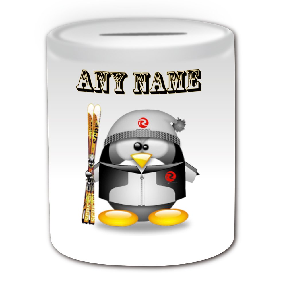 Personalised Gift - Ski Money Box (Penguin in Costume Design Theme, White) - Any Name/Message on Your Unique - Saving Piggy Bank - Winter