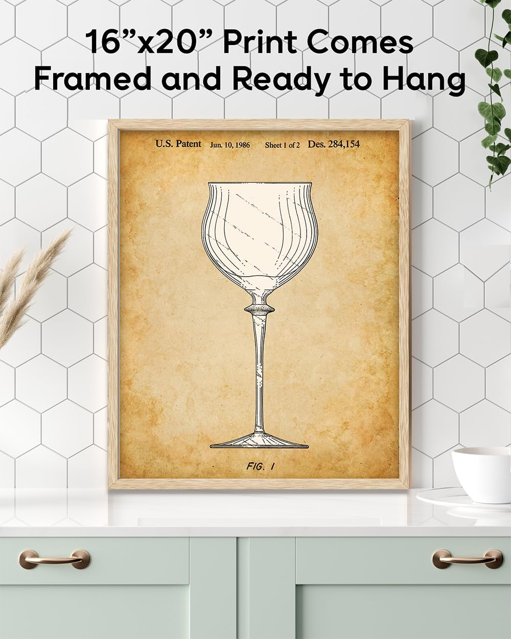 Vintage Wine Glass Patent Drawing 1986 Stemware Illustration Antique Parchment Style Bar Wall Art for Home Bar Kitchen Dining Room Wine Lover Gift Decor Historic Patent Artwork 16x20 Unframed Poster