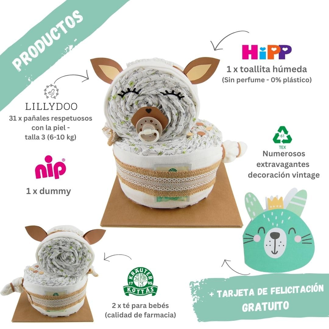 myBambini ® tarta de pañales ciervo pequeño estilo boho vintage - regalos de nacimiento - ciervo regalo para bebé - regalo de bautizo - idea de regalo - comprar tarta ahora
