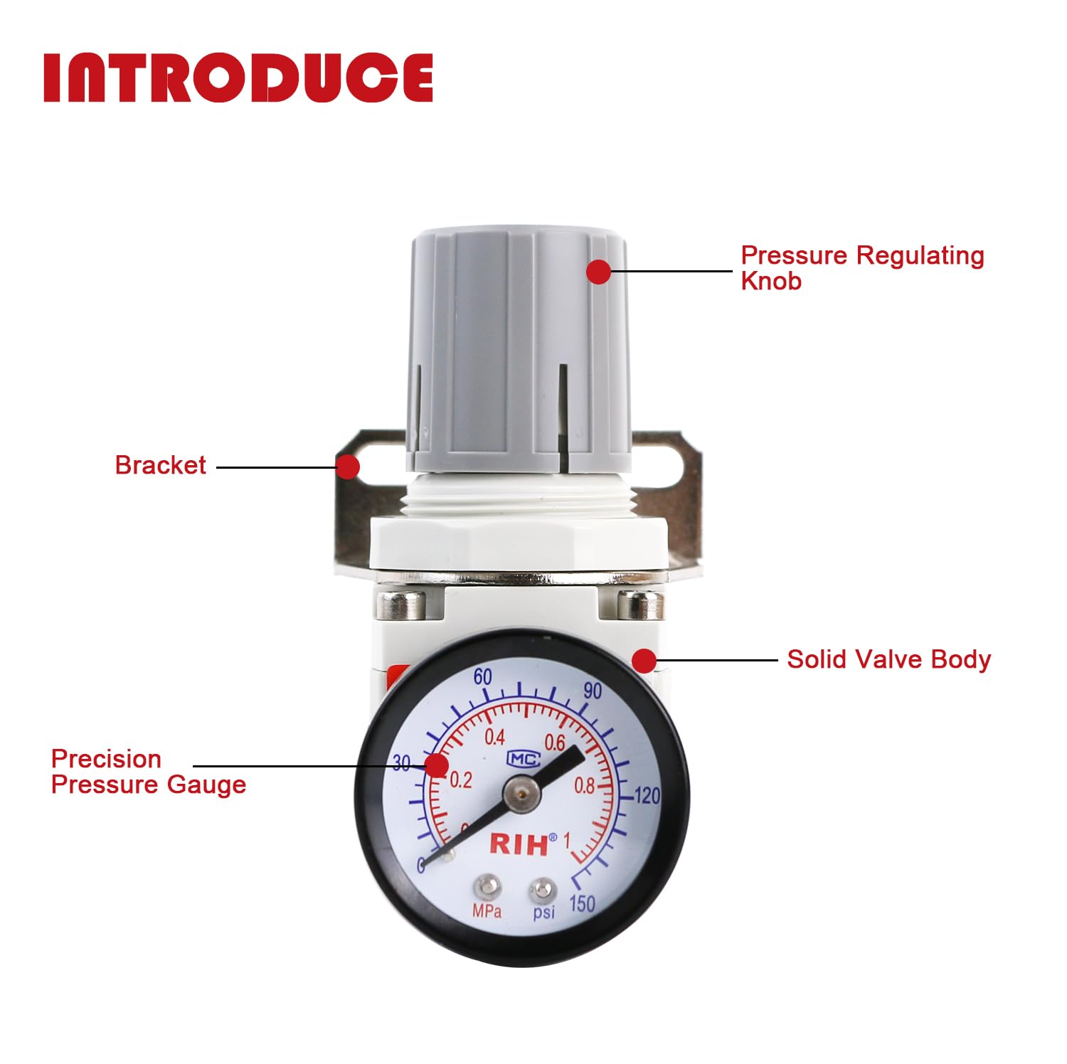 RIH 0,6 cm NPT Luftdruckregler – Luftregler für Kompressor, Luftregler mit Manometer 0-150 PSI, AR2000-02