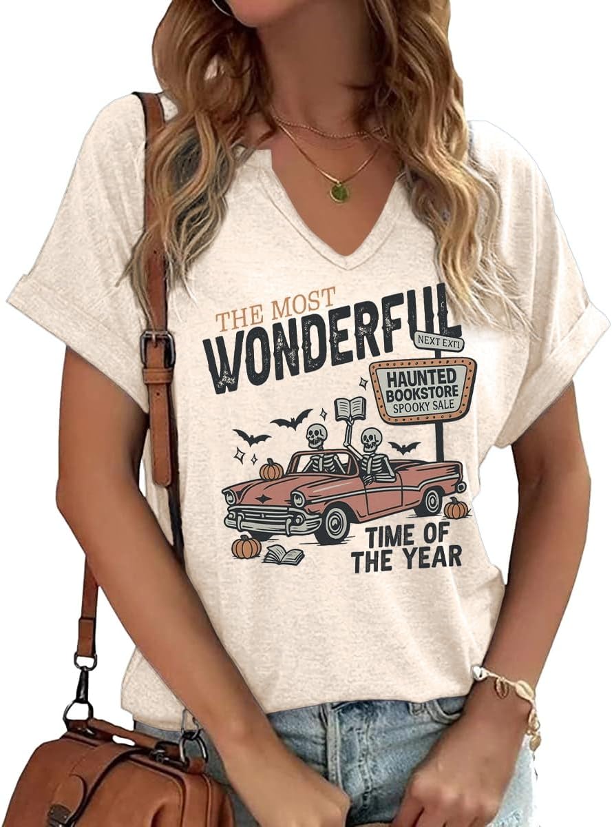 Women Fall Halloween Doodles V Neck Shirt Funny Family Party Celebration Short Sleeve Tee Pumpkin Graphic Thanksgiving Tops…