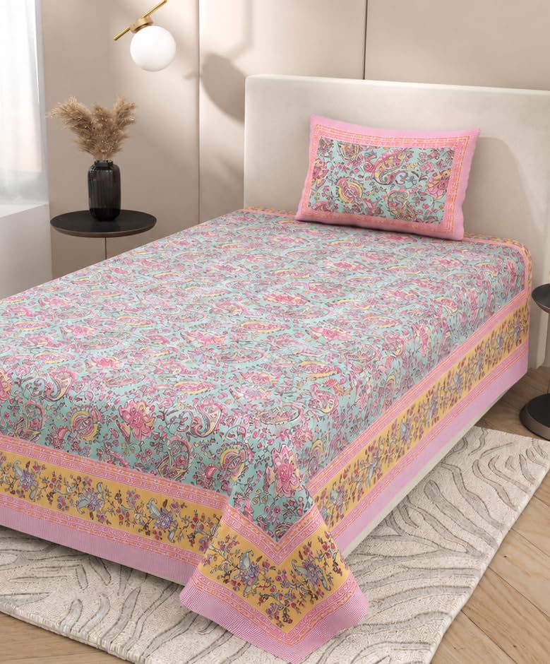 Image of elanorhomes 240 TC Cotton Single Size Bedsheet 60x90 inches with 1 Pillow Cover | Hand Printed | Ultra-Soft & Skin-Safe | Breathable Summer Comfort (Petal Symphony)