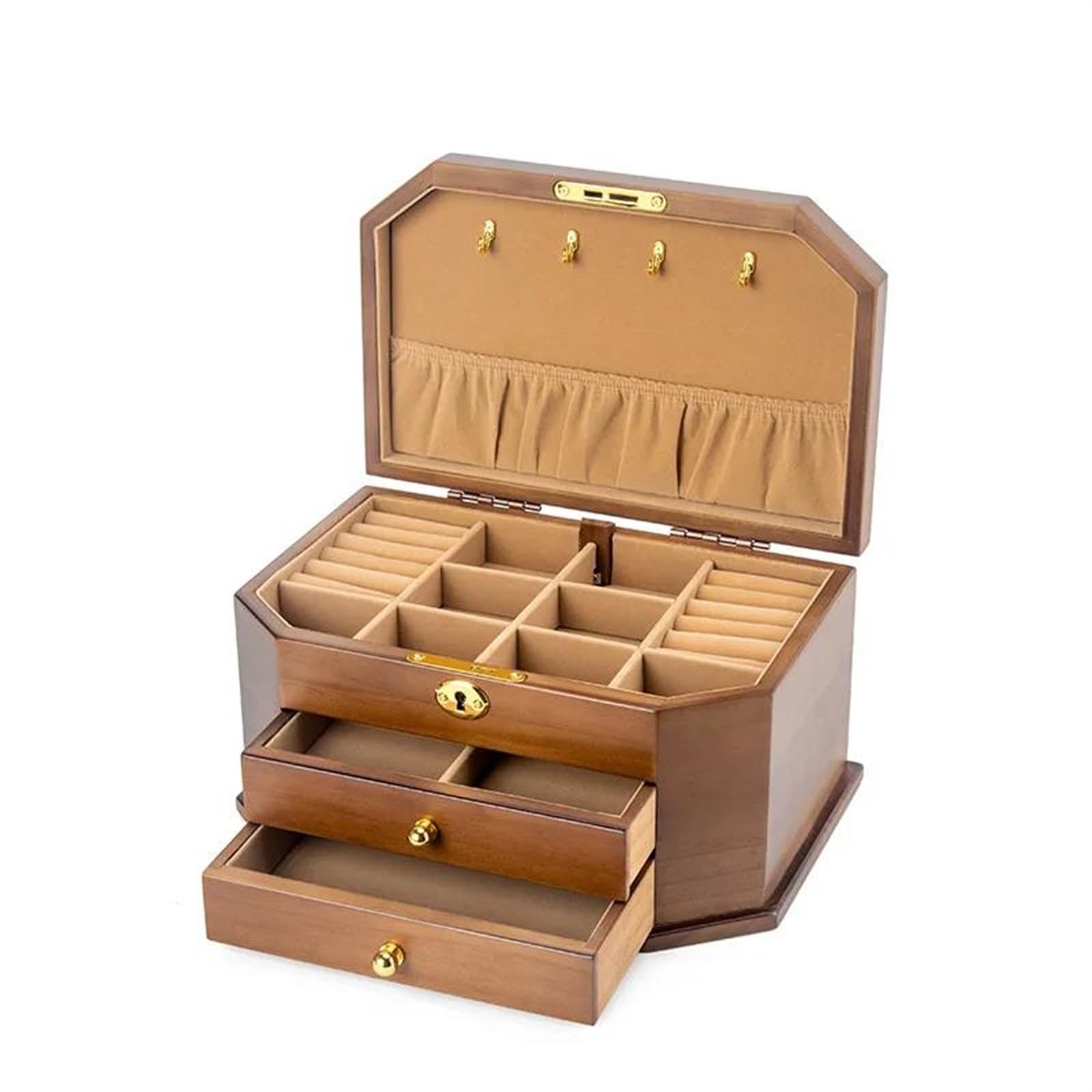 Caja para Anillos de Madera Maciza, Almacenamiento de Joyas con Cerradura, Pendientes y Collares, Gran Capacidad, Cajas Sencillas de Estilo Vintage para joyería.