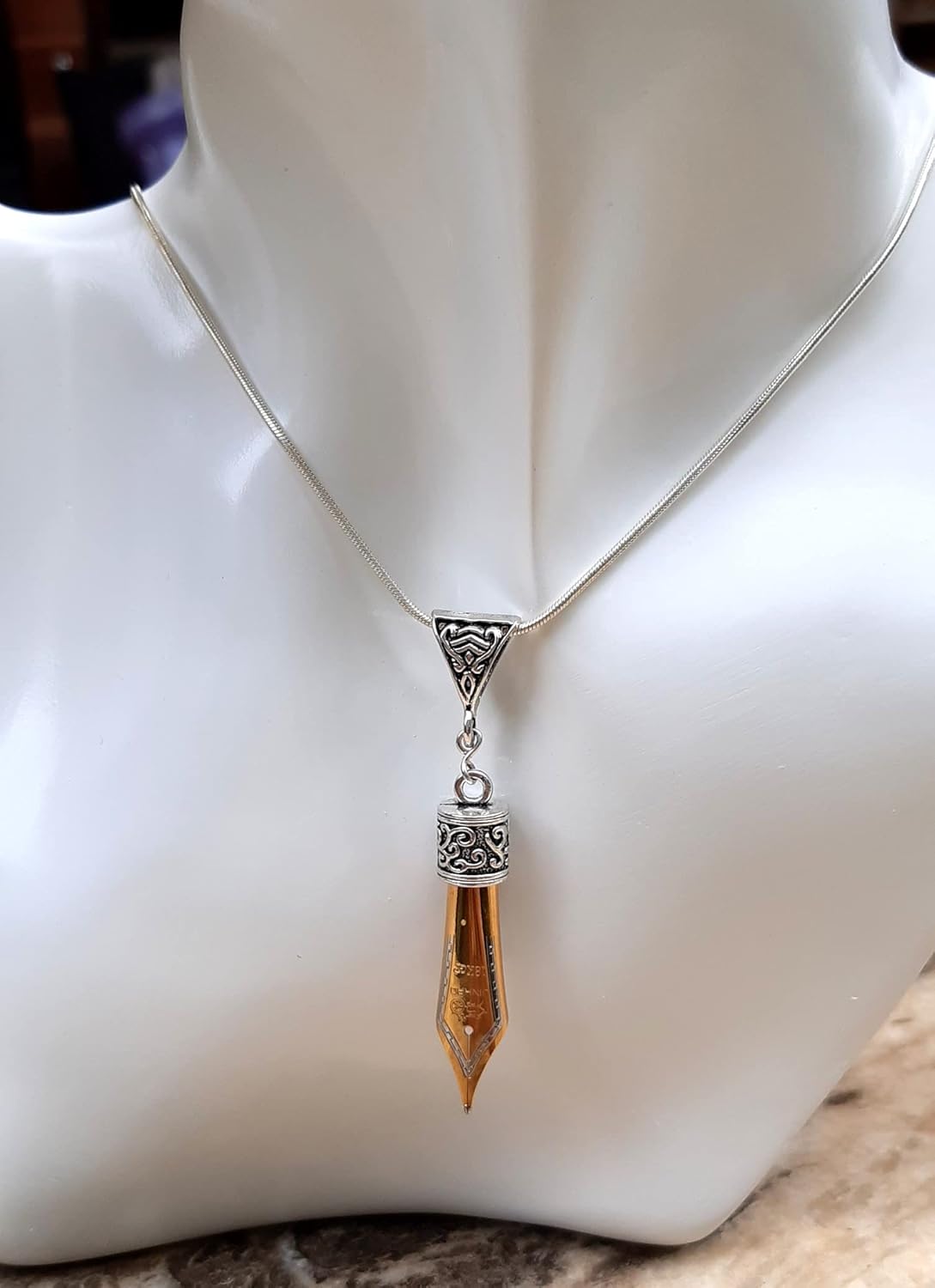 Fountain Pen Nib Pendant for Writers & Teachers – Gold Tone Drop – Filigree Bail, 18" Silver-Plated Chain (Gold)