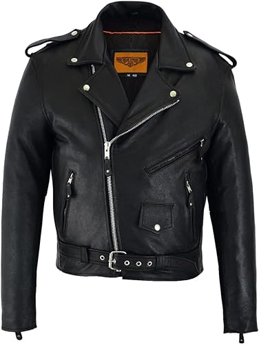 Dream Apparel Chaqueta de cuero para motociclista clásica para hombre, color negro
