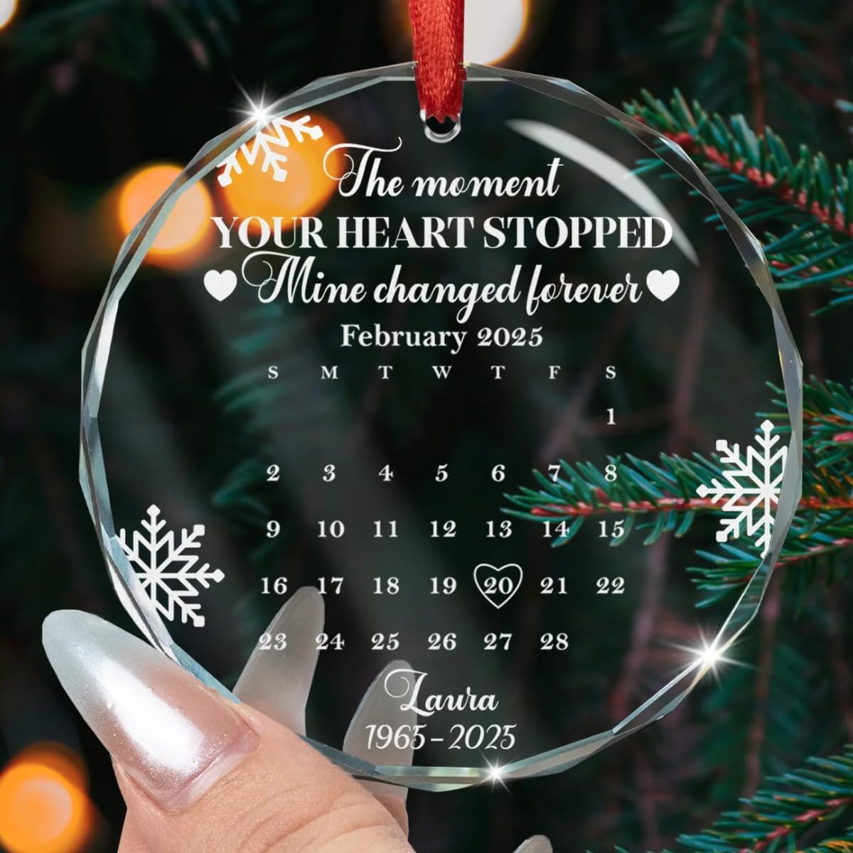 The Moment Your Heart Stopped Mine Changed Forever Calendar - Personalized Glass Ornament, The Moment - Personalized Custom Glass Ornament, Memorial Gift for Loss of Loved Ones in Heaven