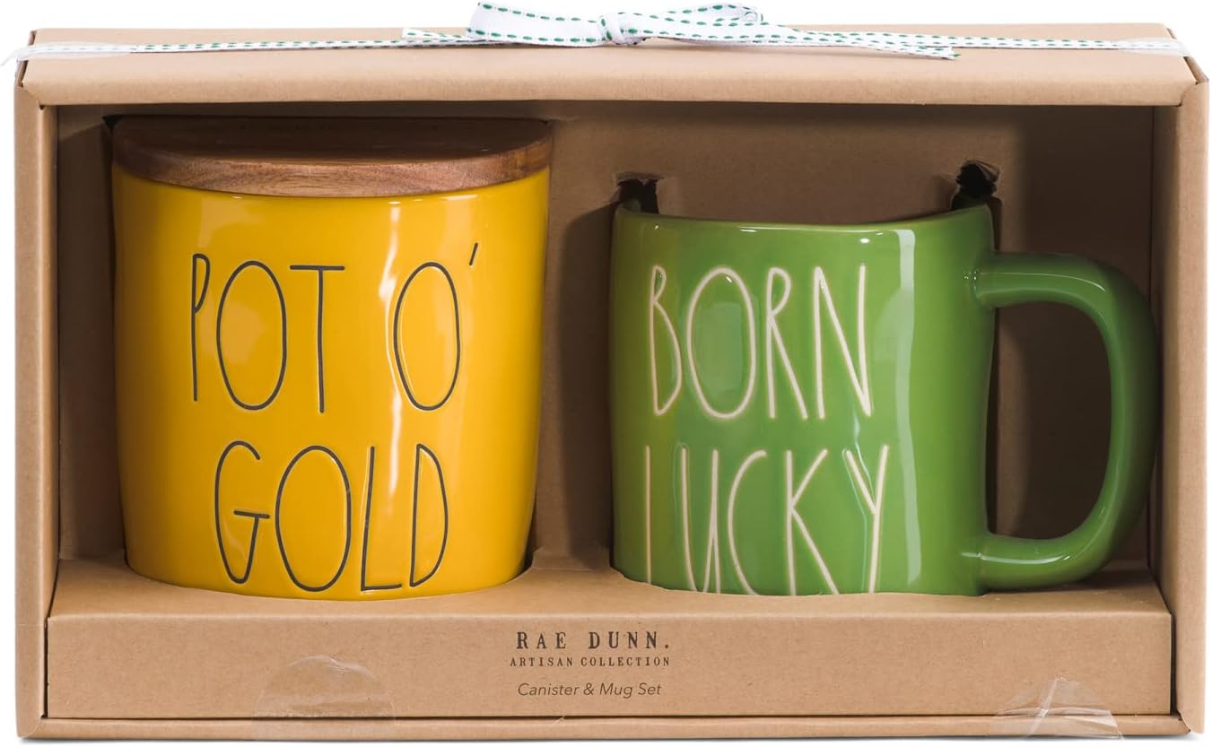 Rae Dunn St. Pattys Day 2 Piece Canister and Mug Set (Pot O Gold/Born Lucky)