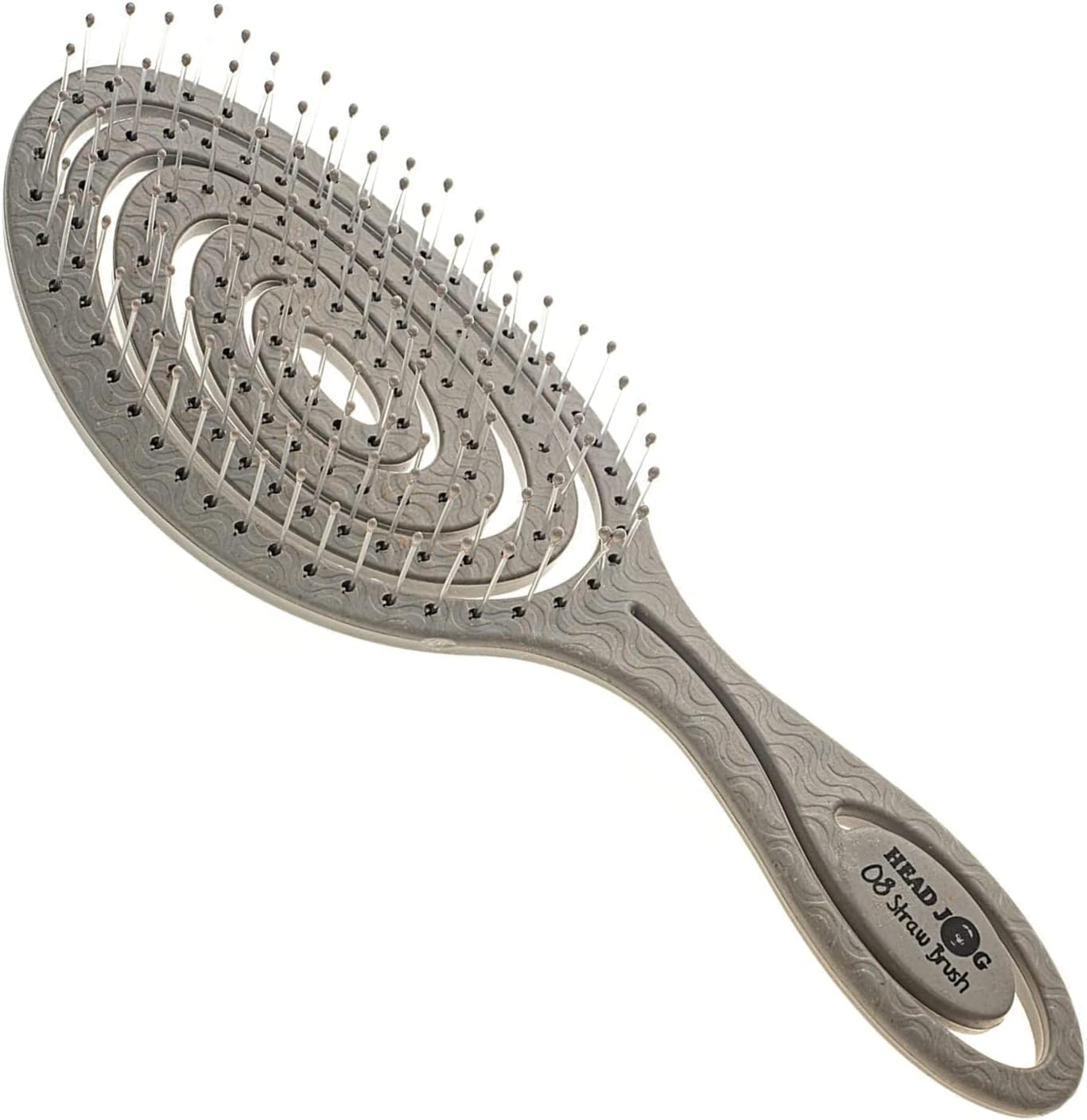 Head Jog 08 Paddle Brush Flexible Soft Pin Bristles, Detangling Wet or Dry Hair - Gentle Brushing Straw Brush - Monochrome Collection Silver