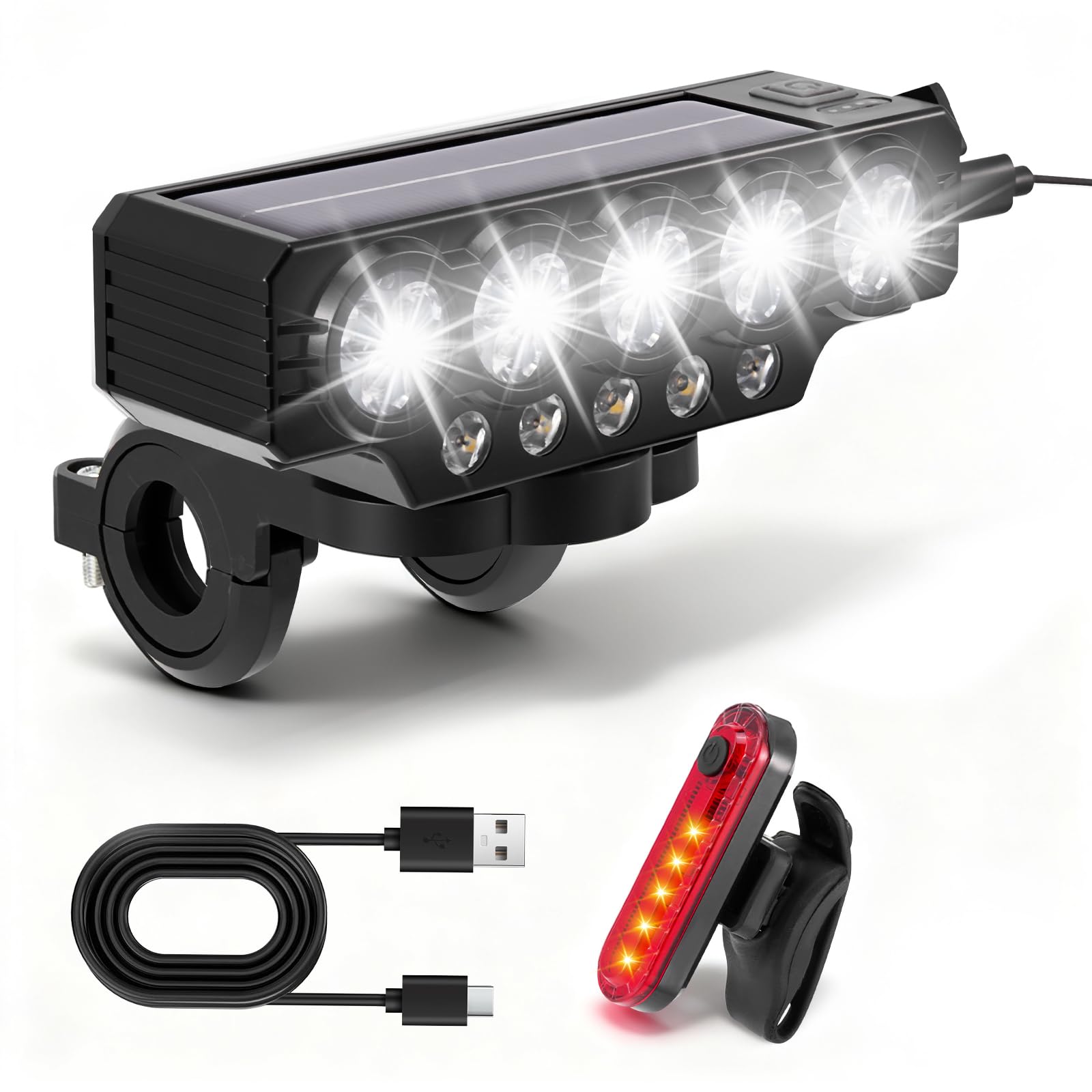 Bike Lights Front and Back, 10 LED Super Bright, 9 Lighting Modes Mountain Road Cycle Light, USB Rechargeable & Solar-Assisted Charging, 120dB Horn IPX4 Waterproof, Front and Rear Bicycle Lights