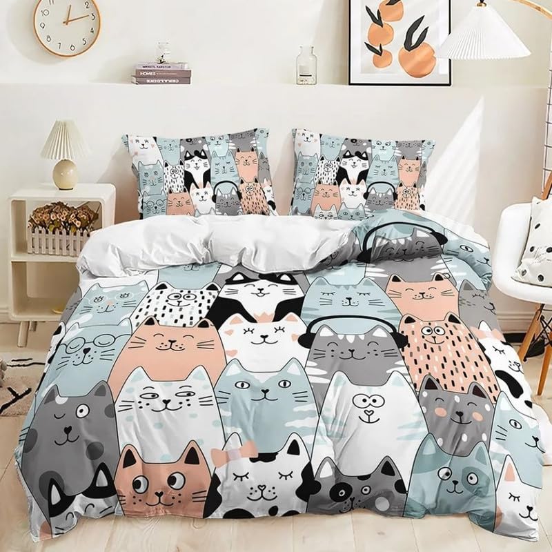 Housse de couette 240 x 260 microfibre anti-plis motif chat