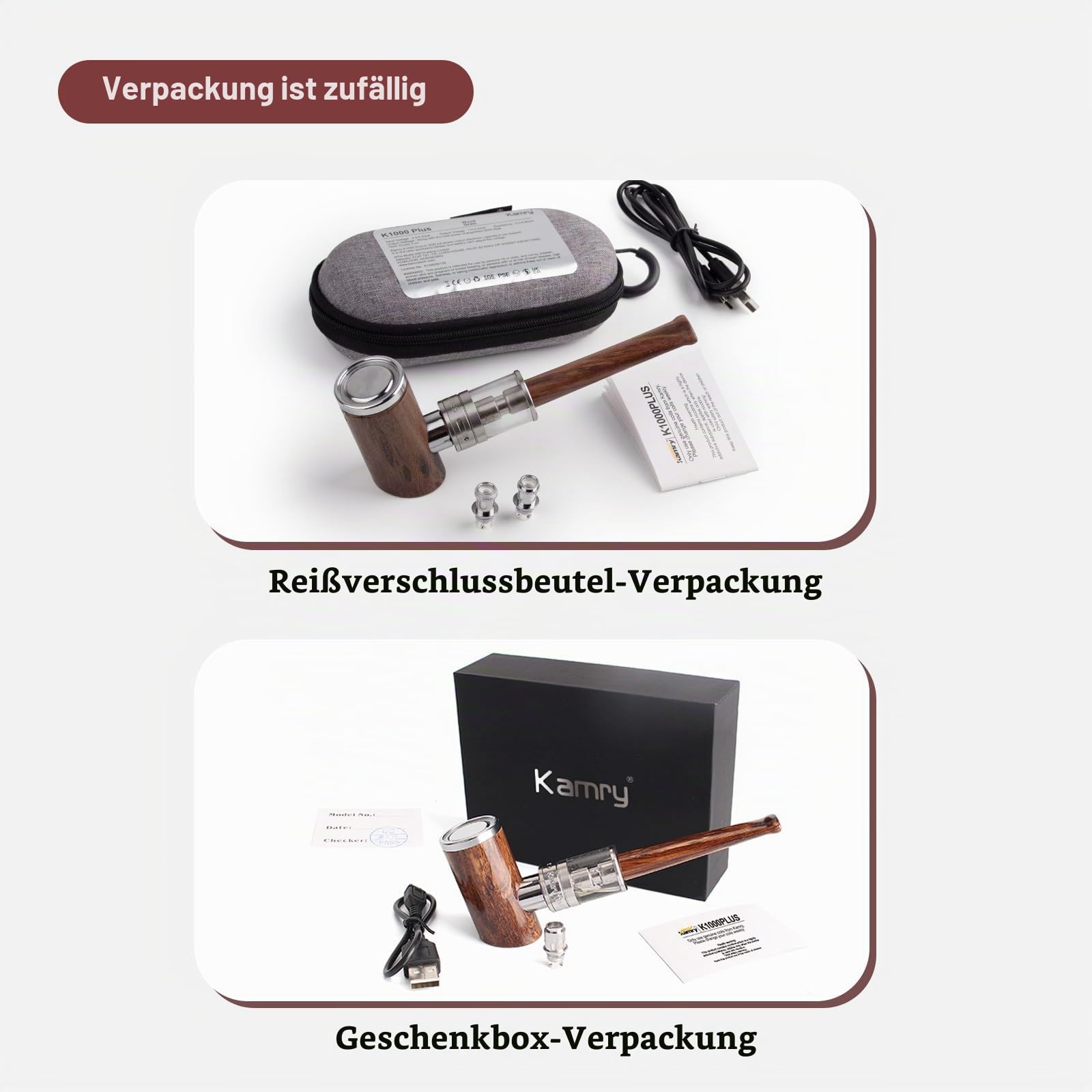 Kamry K1000 Plus Hölzerne Elektrische Zigaretten Pfeife, 1000mAh Nur Aufladen 2 Stunden 30W Großer Dampf, Luftstrom Einstellbar, Nachfüllbar Elektronisches Rauchrohr Zerstäuber, Free Nikotin